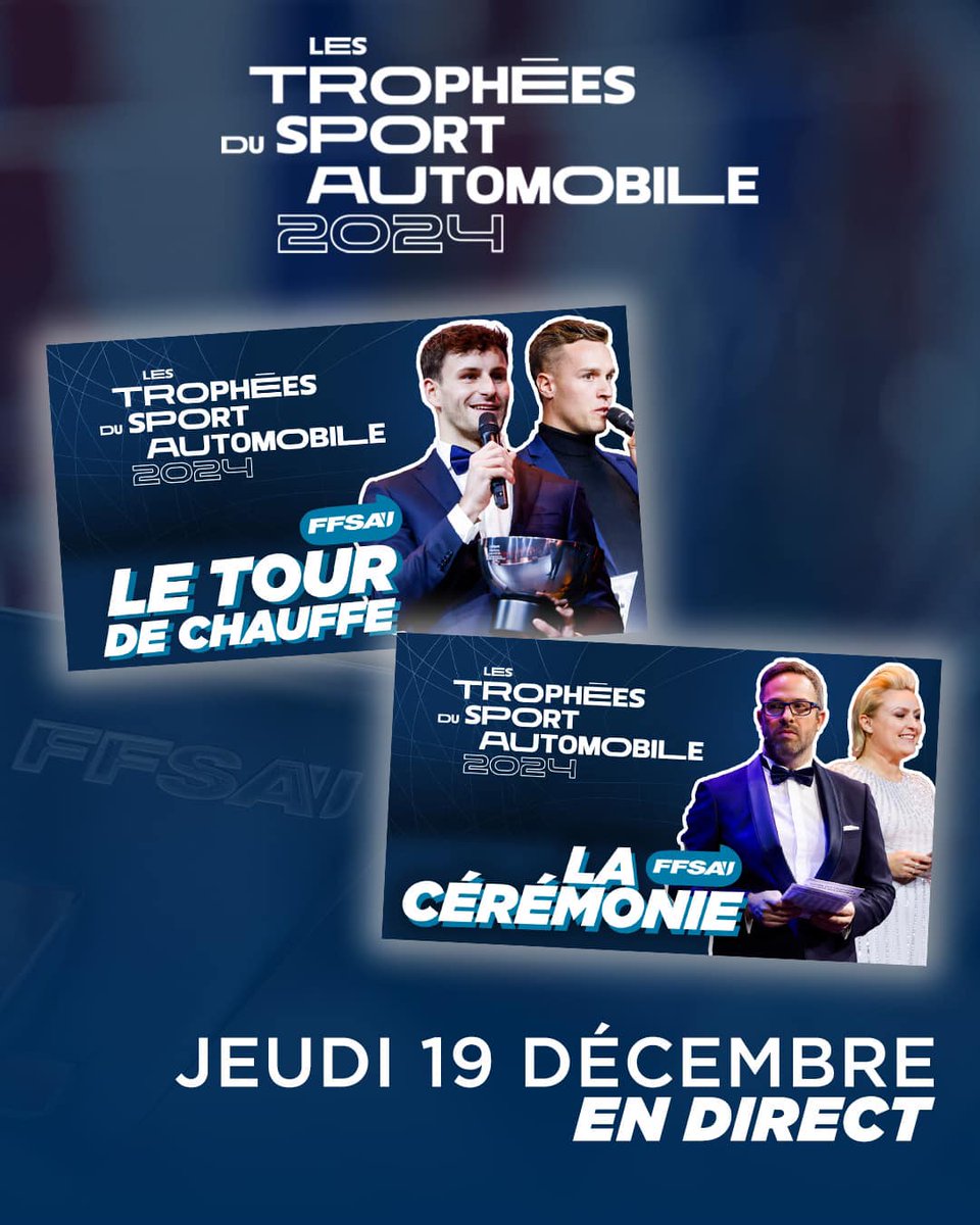 Les Trophées du Sport Automobile 2024 en LIVE 🔴⭐️
 
Rendez-vous jeudi 19 décembre pour suivre la traditionnelle remise des prix de la FFSA en direct sur Facebook et Youtube (youtube.com/@ffsa) !

🗓️ Programme :
• Le before à partir de 17h15 animée par <a href="/anthonydrevet/">Anthony Drevet</a> 
•