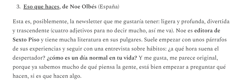 3/5 recomendaciones de newsletters en castellano. 

La de <a href="/noeolbes/">Noe</a>. Motivos: lean abajo.