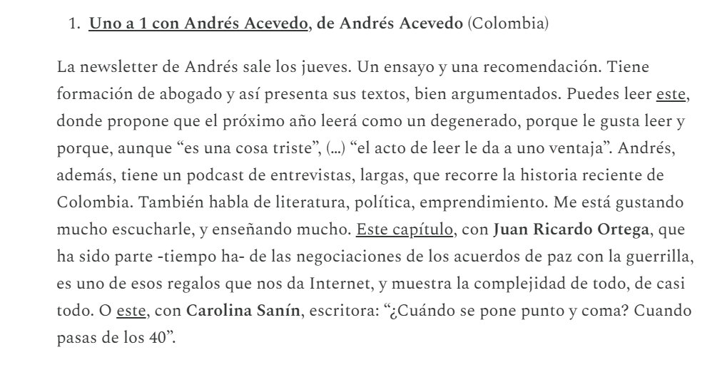 1/5 recomendaciones de newsletters en castellano. 

La de <a href="/noeshumo/">Andrés Acevedo</a>. Motivos: lean abajo.