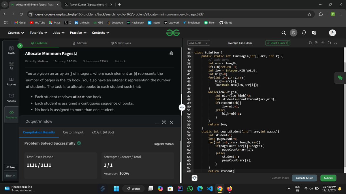 pawankumar0471's tweet photo. Day 24  DSA Problem "Allocate minimum pages".#gfg160 #geekstreak2024 #geeksforgeeks #CodingChalleng https://t.co/NjUneQNaor