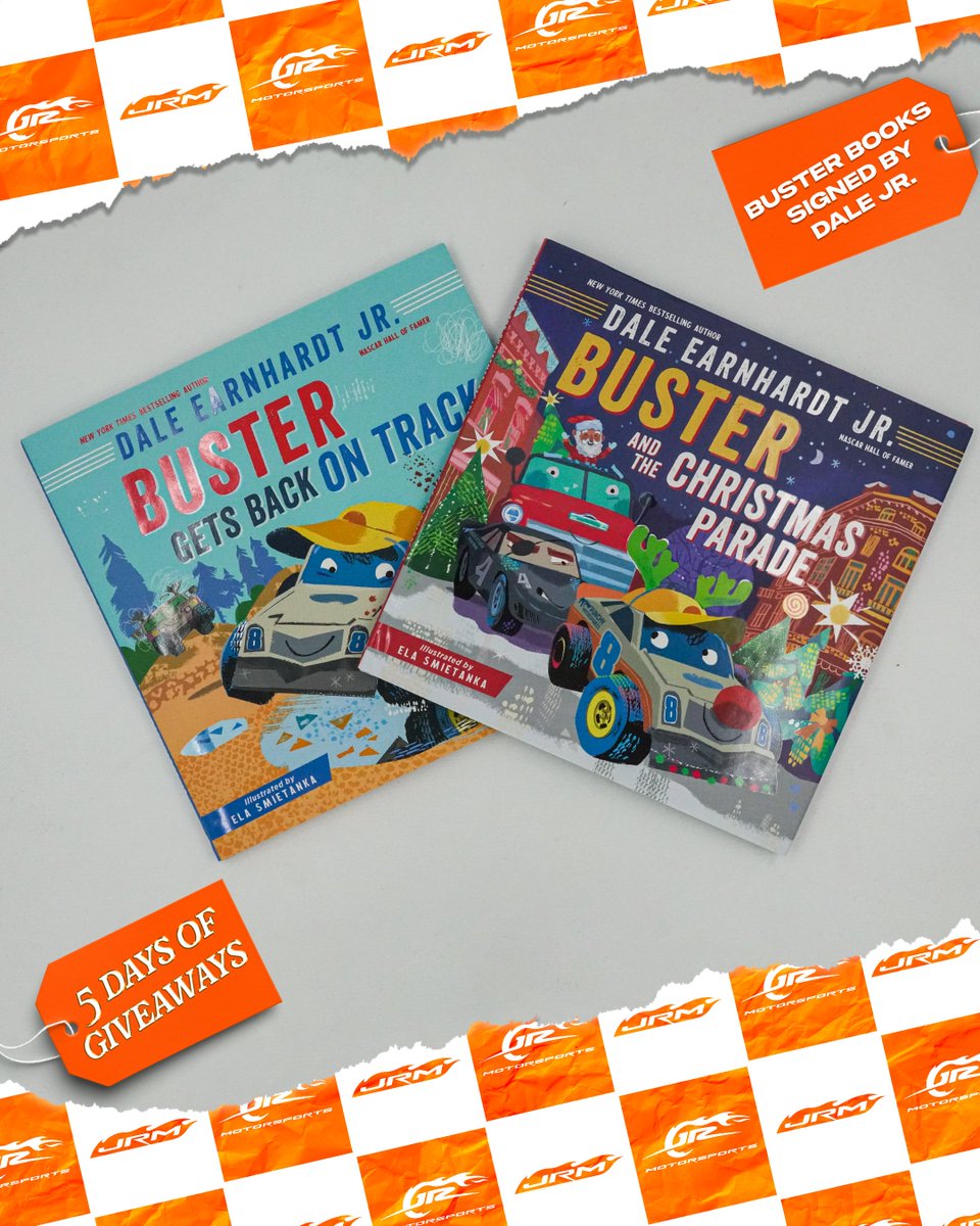 JRMotorsports's tweet photo. Day 3 of 5 Days and we've got a pair of Buster books signed by @DaleJr - including the latest release of Buster and the Christmas Parade! 

How to win:  
1.) Follow @JRMotorsports
2.) Repost this post  
3.) Tag a friend   

Winner will be announced at 7 PM ET. 

Good luck! https://t.co/jydIrDFaxY