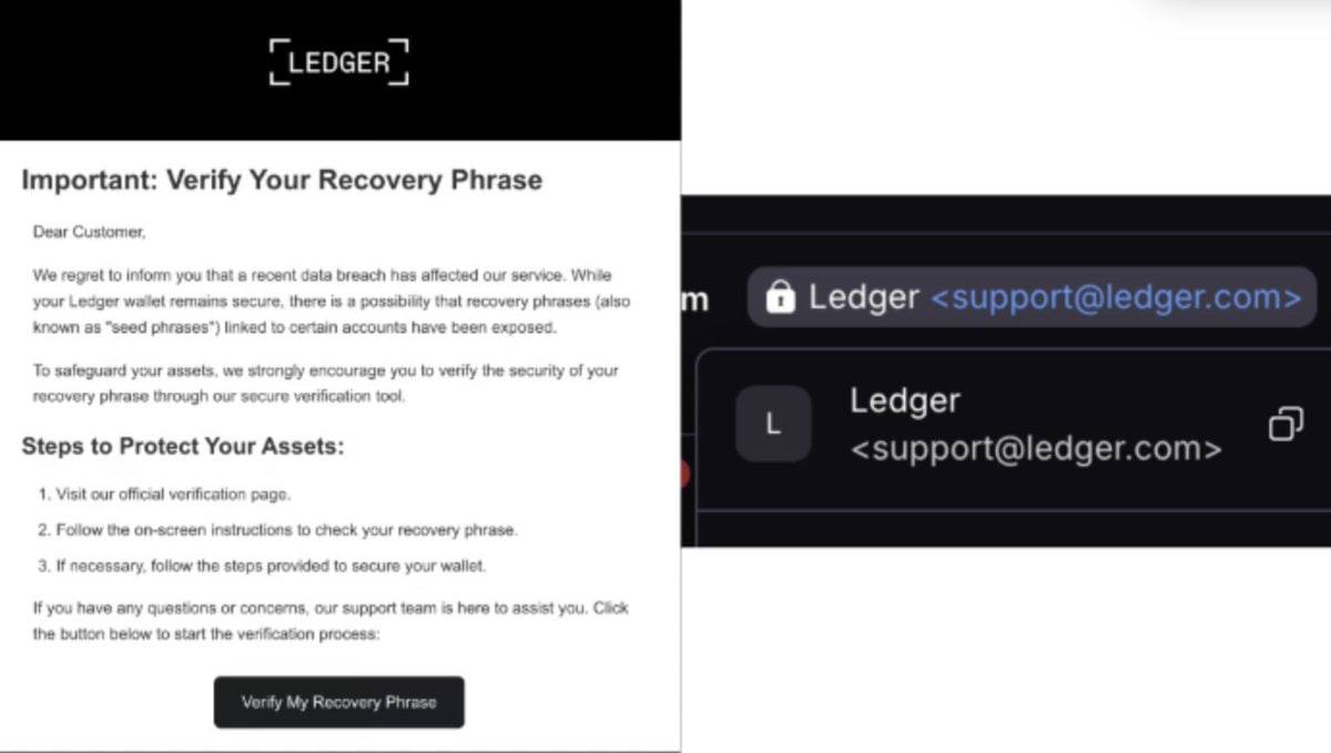Crypto__Goku's tweet photo. ⚠️ Des hackers ont envoyé de faux emails d'assistance de Ledger en prétendant qu'il y avait eu une faille dans le but de vous voler vos Seedphrases.

Ces faux mails semblaient légitimes en imitant le domaine d'email de Ledger et redirigeaient les utilisateurs vers un faux site Web.

@Ledger rappel que la société ne vous appellera jamais, ne vous enverra jamais de mail et ne vous DEMANDERA JAMAIS votre Seedphrase.
Si quelqu'un le fait, il s'agit d'une escroquerie.

Restez prudent et protégez vos cryptos 🙏