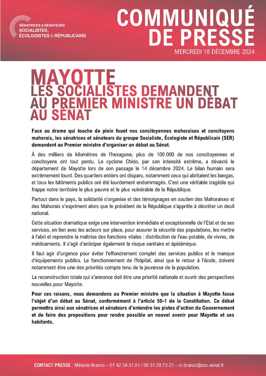 🔴 Mayotte : nous demandons au Premier ministre un débat au Sénat.
A des milliers de kilomètres de l'hexagone, plus de 100 000 de nos concitoyens ont tout perdu.
Les sénatrices et sénateurs doivent pouvoir entendre les pistes d'action du Gouvernement et faire des propositions.