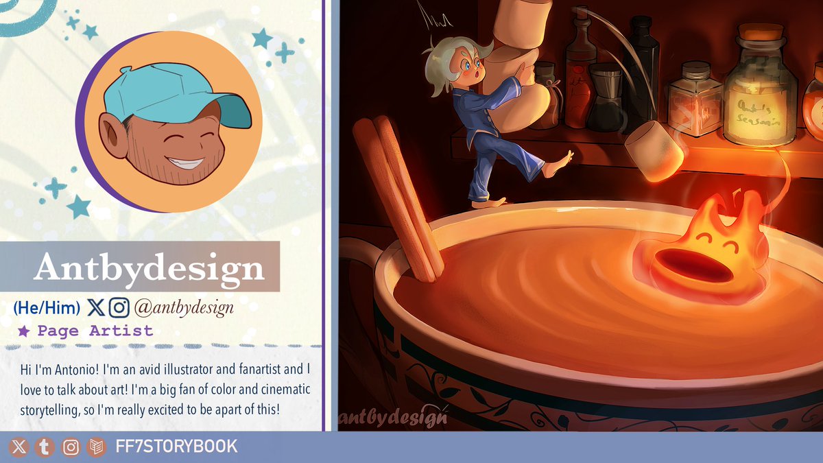 Welcome <a href="/antbydesign/">Antonio ✨</a> to #FF7Storybook as our 📖page artist🗡️! He loves The Lorax, and his favorite FF7 character is Aerith.