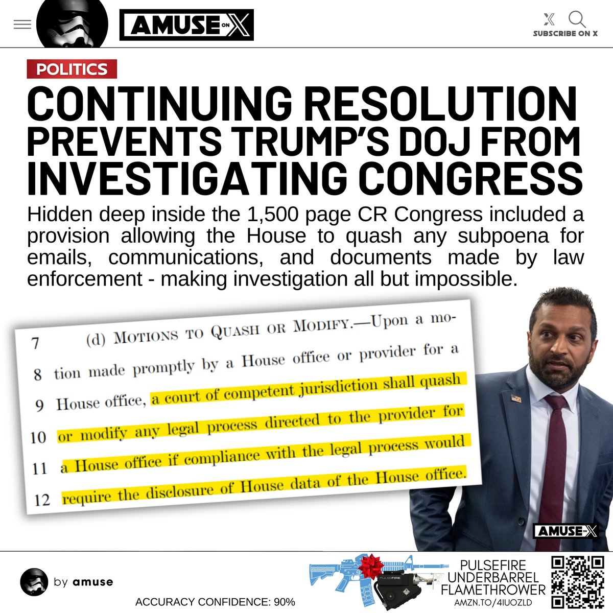 amuse's tweet image. CR BS: On the heels of the report that the DOJ obtained the emails of Schiff and Swalwell proving they leaked classified documents to the media, Congress has inserted language into the continuing resolution allowing it to quash any subpoena @Kash_Patel or @PamBondi might issue…