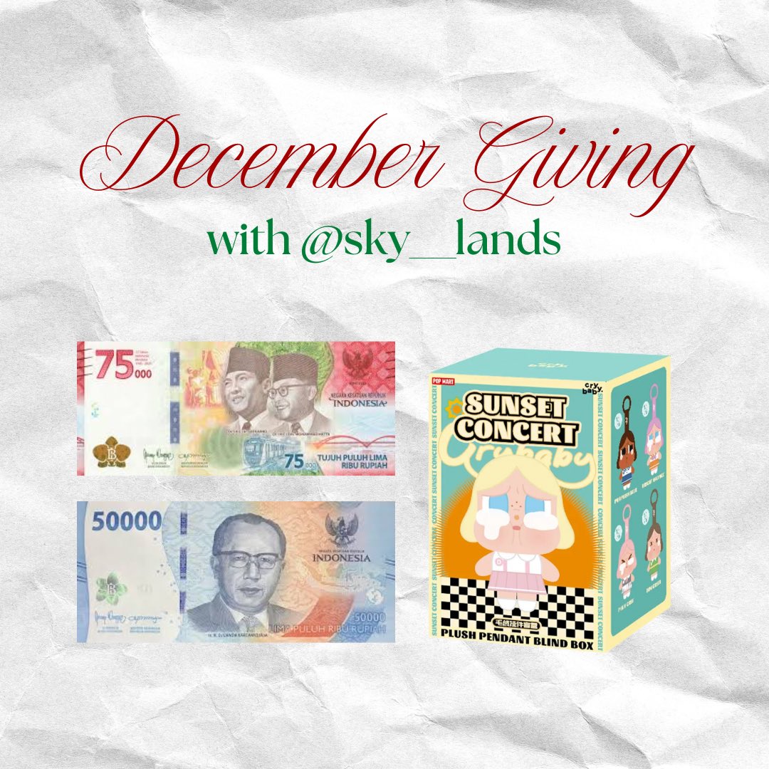 ——  SKY'S HOLIDAY GIVEAWAY  ——

— hadiah 
♡ Popmart sunset concert (1 winner)
♡ Saldo shopeepay @ 75K (2 winner)
♡ Saldo shopeepay @ 5OK (2 winners)
♡ voucher belanja di sky__lands @ 5OK (3 winners)

— steps &amp; tnc
𐙚 follow our X and instagram account (ada di bio) 
𐙚 follow
