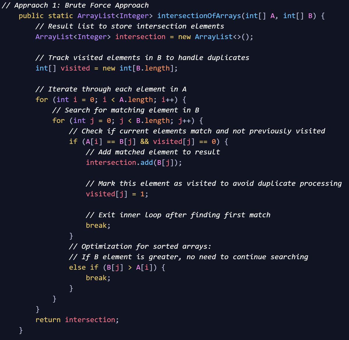 45NitinVerma's tweet image. 🧩 Solved "Maximum Consecutive Ones" on @CodingNinjasOff using two approaches:
1️⃣ Brute Force: O(n * m)
2️⃣ Two-Pointer Method: O(n + m)
Two-pointer technique worked like a charm for sorted arrays! 🚀
#DSA #CodingNinjas #TwoPointers #ProblemSolving #Coding