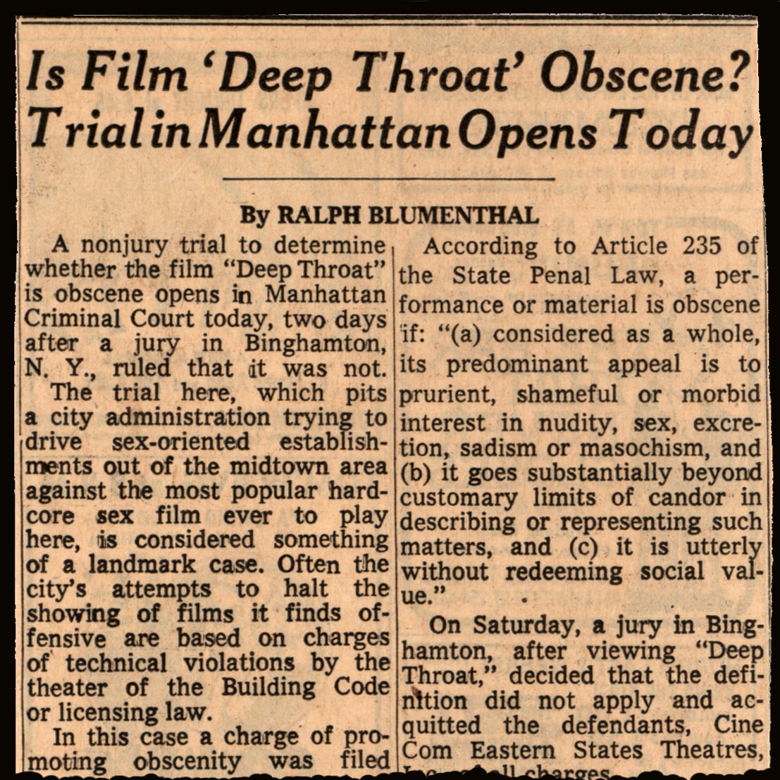 #Onthisday 52 years ago, the obscenity trial for “Deep Throat” began in NYC. By the time this case arrived in court “Deep Throat” had already earned more than half a million dollars at the World Theater alone, and was showing in 70 U.S. cities!⁠ 

#pornochic #deepthroat 
⁠
⁠