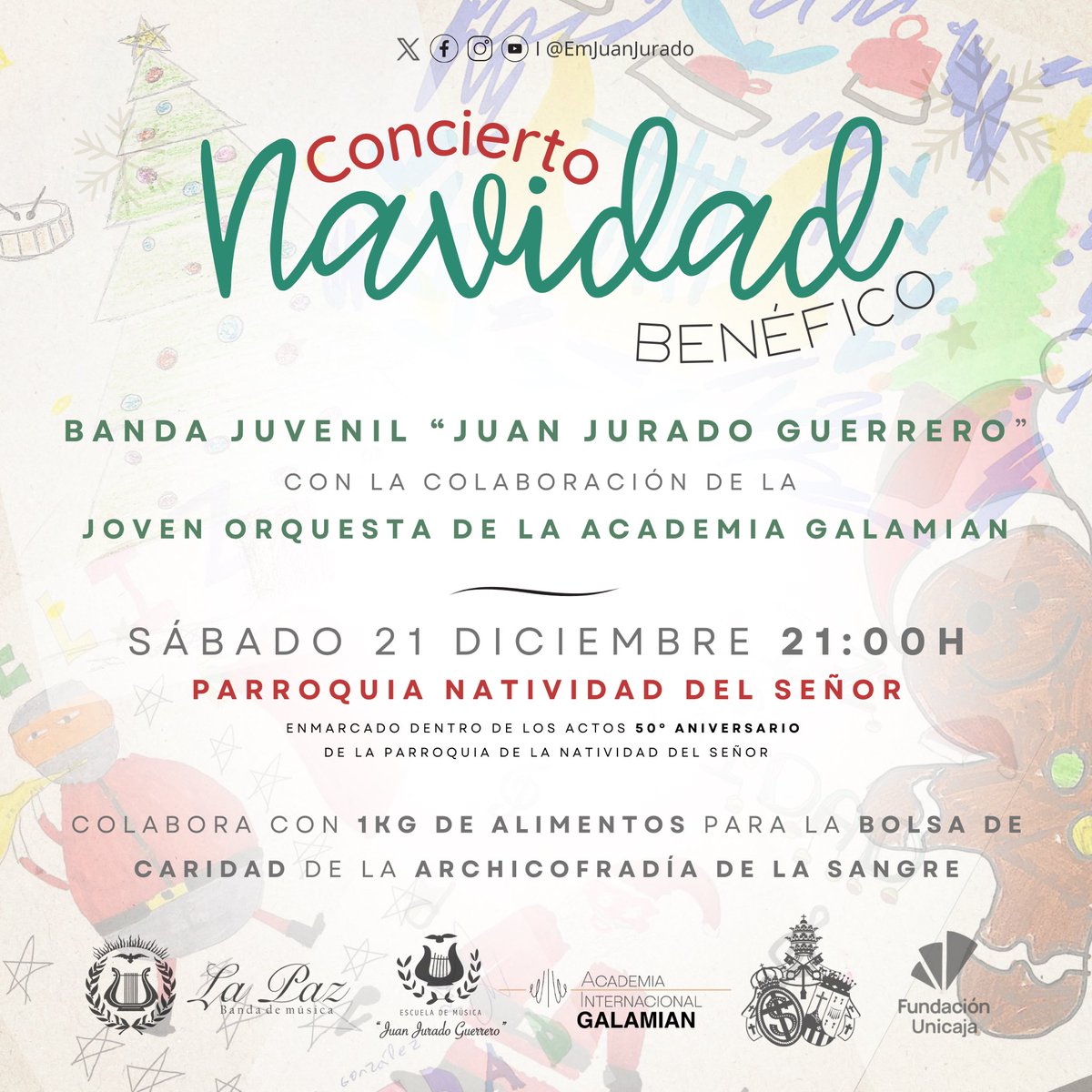 EmJuanJurado's tweet photo. 𝘾𝙤𝙣𝙘𝙞𝙚𝙧𝙩𝙤 𝙗𝙚𝙣𝙚́𝙛𝙞𝙘𝙤 𝙙𝙚 𝙉𝙖𝙫𝙞𝙙𝙖𝙙 🎄🧡🎶

Este sábado a las 21:00h, nuestra banda juvenil, tendrá su concierto de Navidad en la parroquia de la Natividad✨

🥫Colabora con un 1 kg de alimentos para la bolsa de caridad de @archisangre 🤩

#EMJuanJurado🧡🎶 https://t.co/3KAnkkRntM