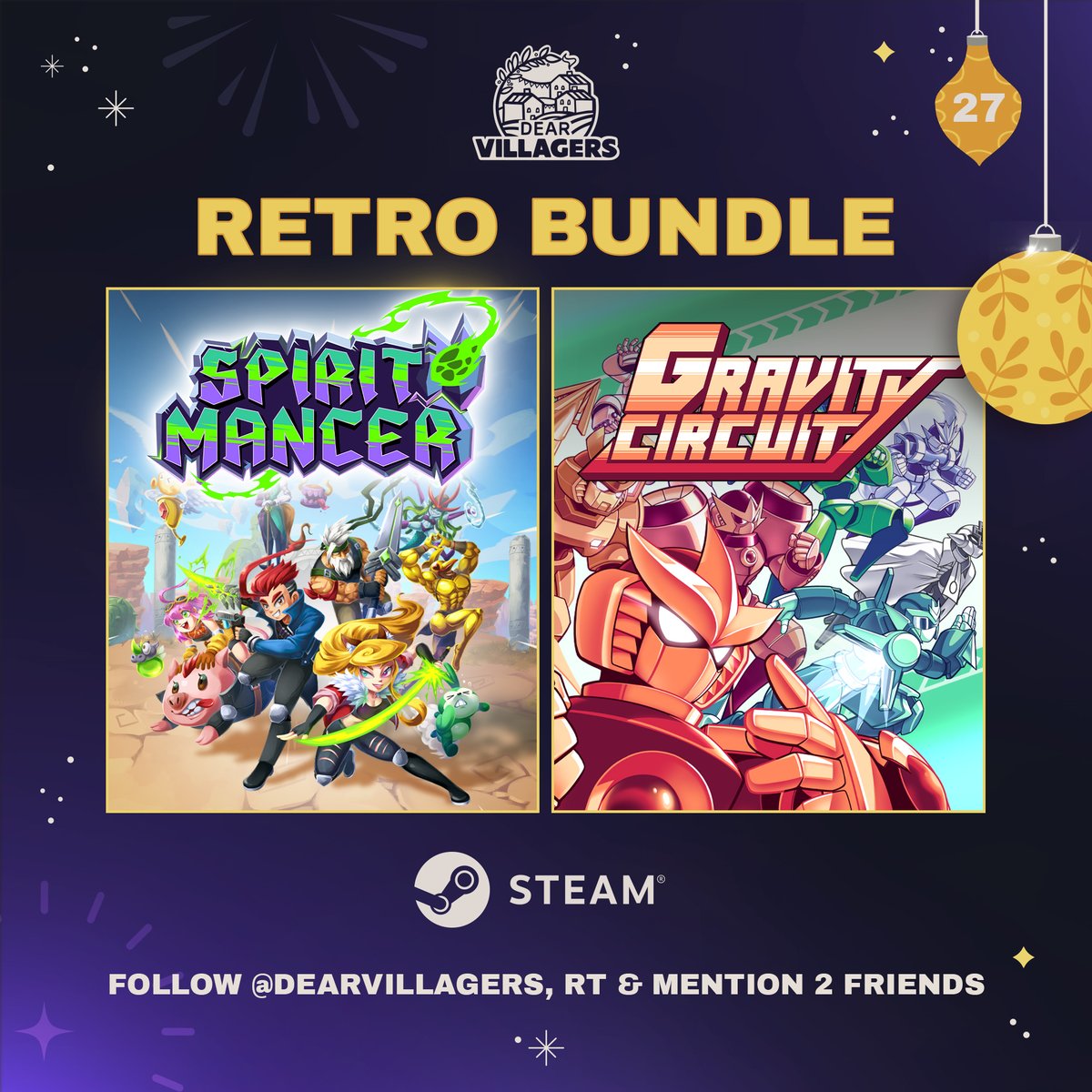 DearVillagers's tweet photo. 🎇 DAY 3 of our 2024 AFTER CALENDAR 🎇
This season is all about nostalgia! 🎮✨
Win one of three bundles of our retro-inspired platformers Spirit Mancer and Gravity Circuit—the perfect mix of old-school charm and adrenaline! 🚀🕹️

To enter:
1️⃣ Follow @dearvillagers
2️⃣ Tag 2 friends who love retro-gaming
3️⃣ Retweet this post

@spirit_mancer @sunny_syrup @GravityCircuit @DomAntGames
