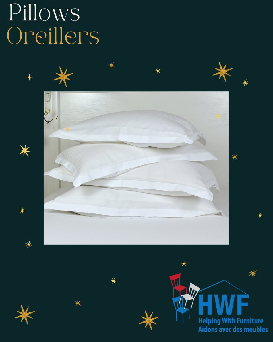 A pillow to lay your head on is something we think everyone deserves. At HWF most pillows are bought new. Help ensure all our clients have a comfortable pillow to call their own with this bundle of four pillows for $25. hwfottawa.org/eng/hwf-in-the…