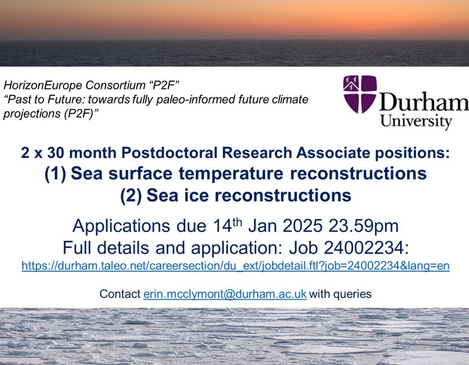 We are hiring! Full details in the original post below:  we are looking for 2 postdocs to work on reconstructing past sea surface temperatures and sea ice distributions as part of the "Past 2 Future" consortium seeking to improve climate models with palaeoclimate data