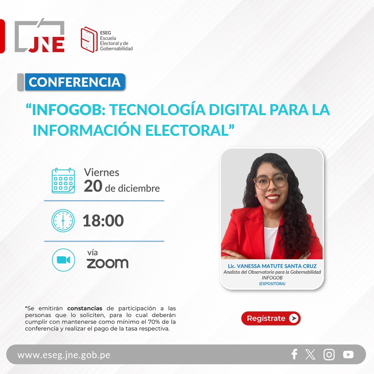📌 Únete y participa de forma virtual en nuestra conferencia con el tema “Infogob: tecnología digital para la información electoral”. 
🗓️ Fecha: Viernes, 20 de diciembre 
⏰ Hora: 18:00 (PE)
🔗 Inscripciones aquí: tinyurl.com/yndtc8rn