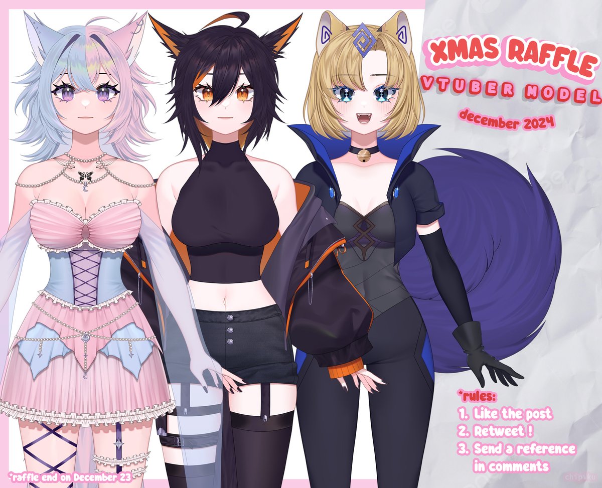 🎄 RAFFLE VTUBER MODEL (2024 edition) 🎄

Santa Chipiku here!

I'm giving the chance to 1 person to have their VTuber model for FREE ! ! 🎅❤️

How to enter:
✨ Like this post ❤️
✨ Retweet it ! 🔄
✨ Comments with a reference (optional) 💬

🍰 Goodluck everyone! 🎅🎁
*end