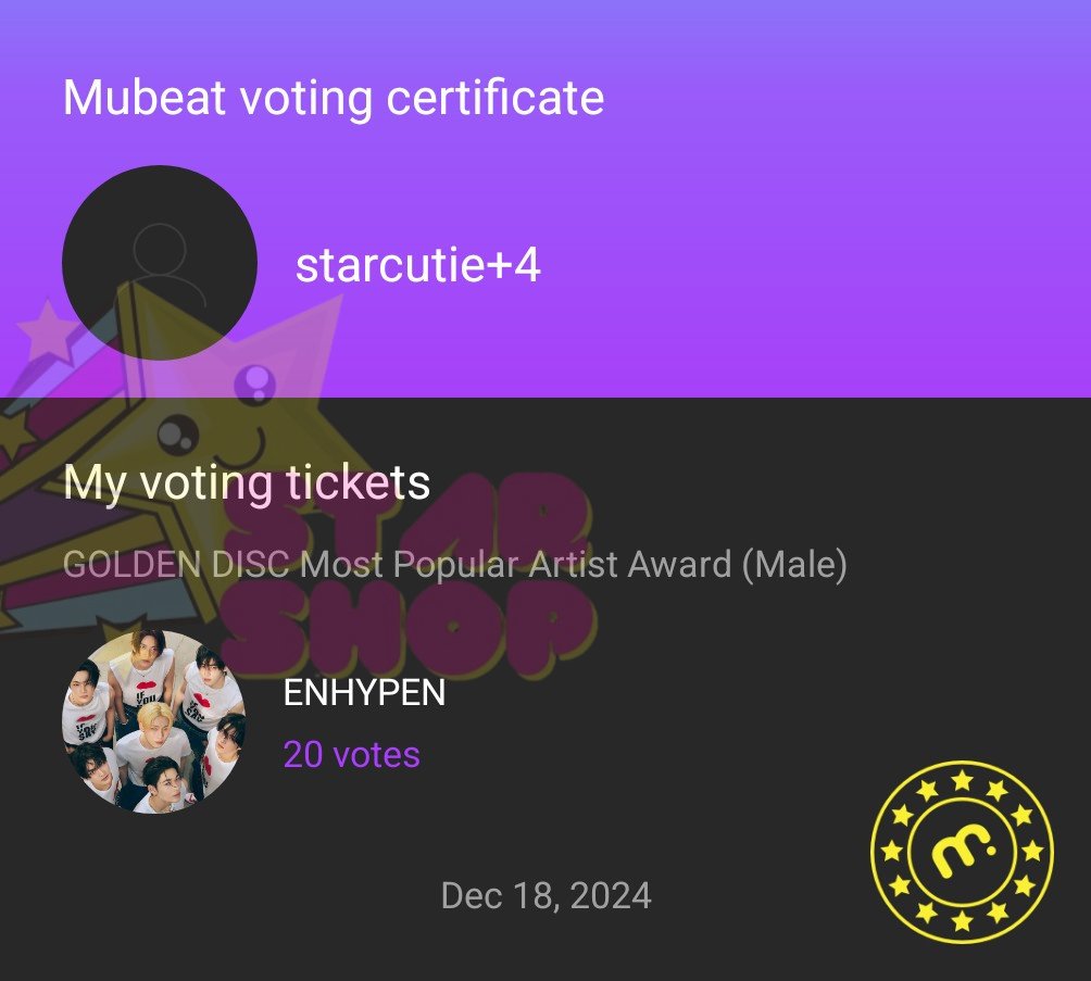 free votes go to #ENHYPEN!! CONGRATULATIONS!!!

here's the voting proof 🥰

#starsvoteshop_proofs