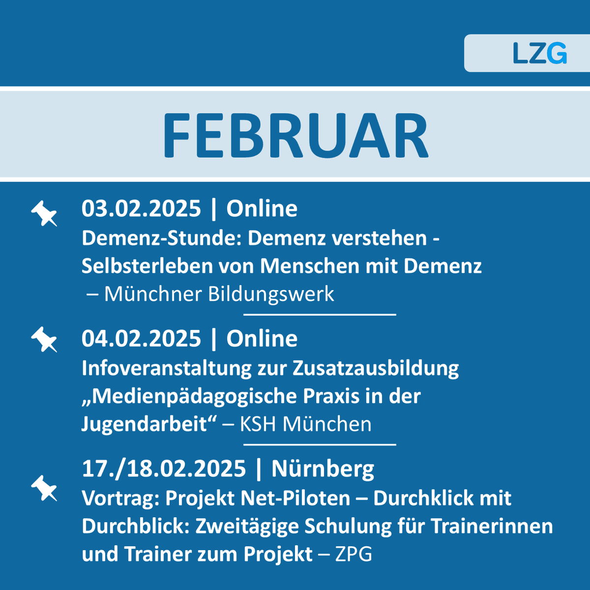 SAVE THE DATE - externe Veranstaltungen im Februar 🗓️💙
03.02.2025 ➡️ bit.ly/3ZyWHUa
04.02.2025 ➡️ bit.ly/3ZwW5yl
17./18.02.2025 ➡️ bit.ly/3VB4ekb
#Gesundheitsfoerderung #Veranstaltungen #LZGBayern