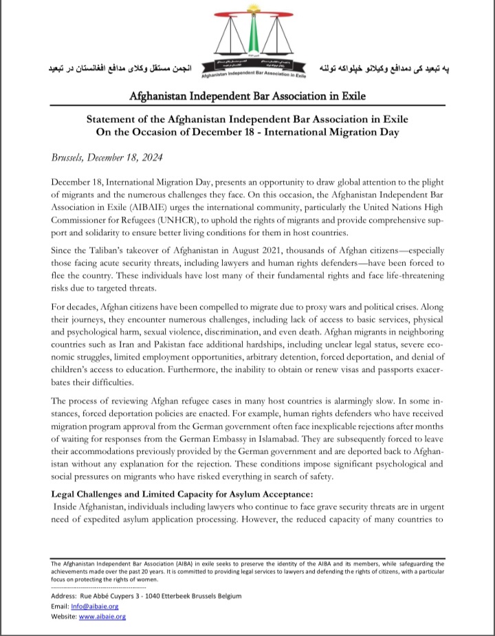 AIBAIE's tweet photo. Statement of the Afghanistan independent bar Association in exile On the Occasion of December 18  International Migration Day. https://t.co/E57ADluYzf