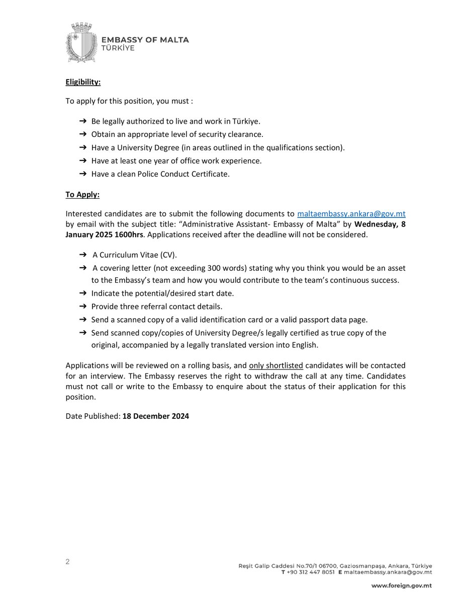❗Job Vacancy ❗
We are looking to recruit a full-time Administrative Assistant.
Deadline for applications: 8 January 2025

More details are available in the attached document.