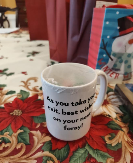KlandriganUL's tweet photo. .@CindeWarmington, one outgoing councilor gives the other, Manchester Republican Ted Gatsas, a mug commemorating his devotion to pet project Exit 4-A. "As you take your exit, best of luck on your next foray." #nhpolitics https://t.co/sGd4oX89nu