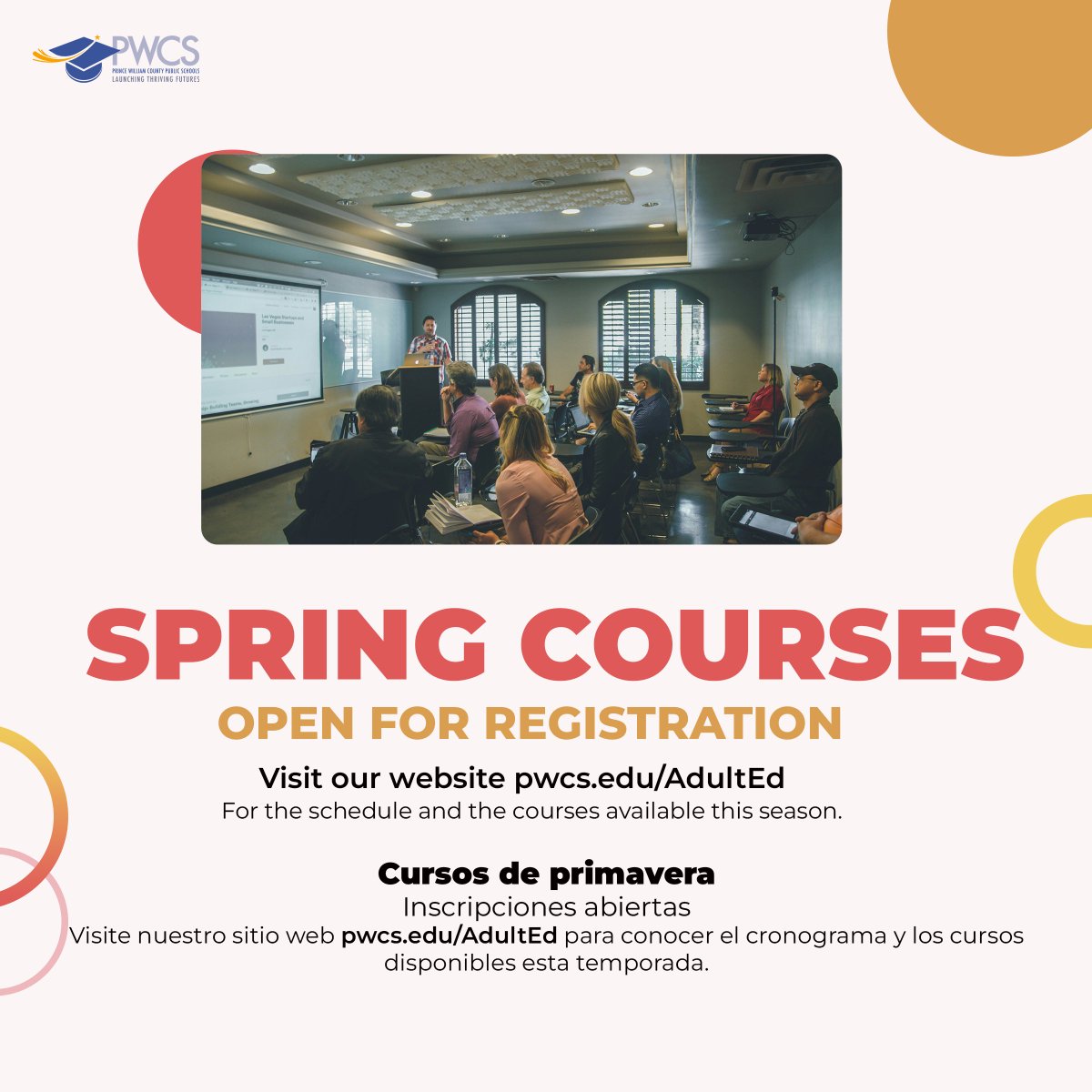 Spring session courses are open for registration!
⚠️ Registration closes in a few weeks!

Whether your goal is to complete your high school credits or learn how to start a business - WE HAVE A CLASS FOR YOU!
🔸Check out our class schedule for more info!
linktr.ee/pwcsadulted