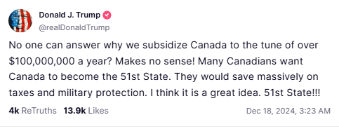 WallStreetMav's tweet photo. The annexation of Canada to become our 51st state is proceeding on schedule and according to plan. https://t.co/oF1pnh2tD0