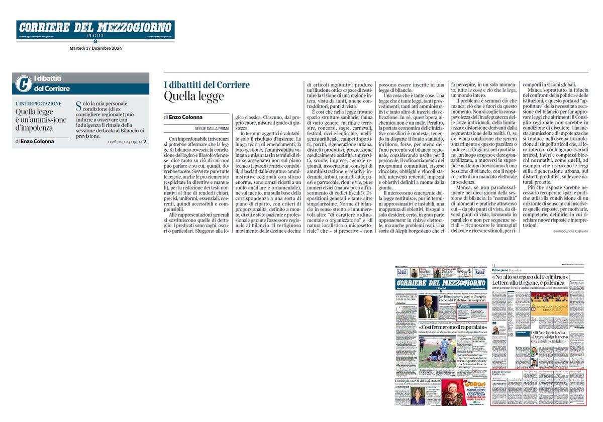 Nell'immagine il mio intervento pubblicato ieri, 17 dicembre, nel <a href="/corrmezzogiorno/">CorriereMezzogiorno</a> sulla legge collegata al bilancio <a href="/RegionePuglia/">RegionePuglia</a> di previsione in corso di approvazione.
Per agevolare la lettura ne riporto il testo nella mia bacheca Facebook, da qui 👇
facebook.com/share/p/1XTsRz…