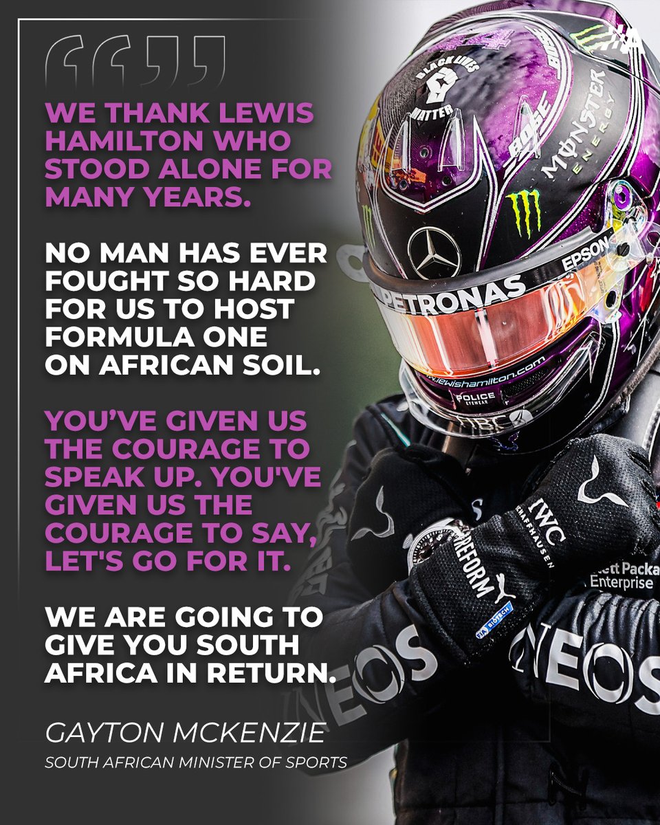 autosport's tweet photo. South Africa's minister of sports made sure to thank Lewis Hamilton before announcing the country's plan to try and host an F1 race 🤝 https://t.co/n0qoCwUGtn