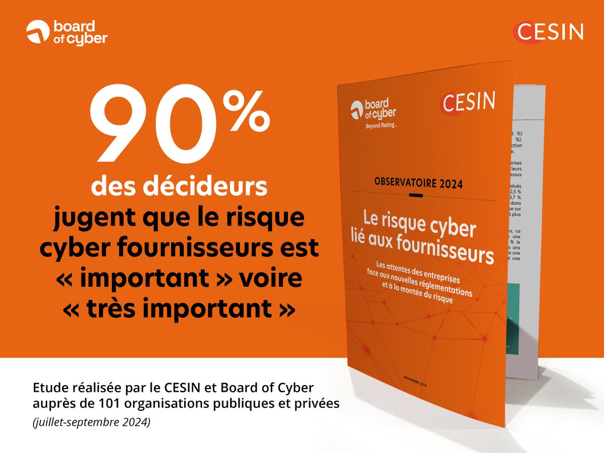 Les risques fournisseurs sont aujourd'hui l'une des principales menaces pour la sécurité des entreprises

▶ Pour télécharger l'Observatoire 2024 des risques cyber liés aux fournisseurs Board of Cyber x <a href="/CESIN_France/">CESIN</a> :

content.boardofcyber.io/fr/observatoir…

#TPRM #RiskManagement