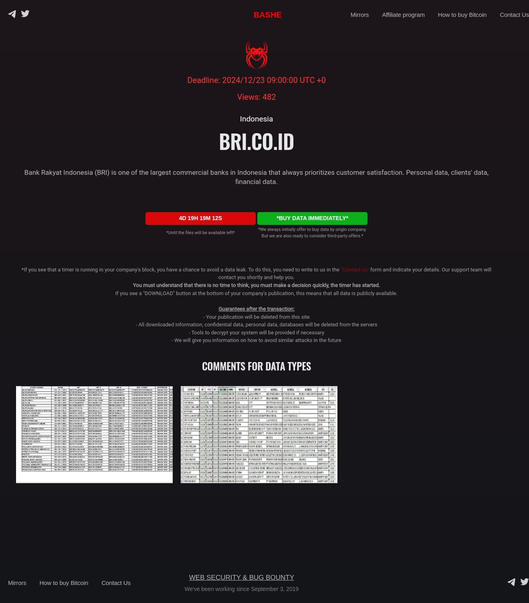 Comparitech's tweet photo. 🚨 Bank Rakyat Indonesia 🇮🇩 has just been added to the data leak site of #ransomware gang #BASHE (formerly APT73).
This follows a confirmed #cyberattack via #HuntersInternational on Bank Rakyat Malaysia in Sep '24.
https://t.co/D9AOmQFJsq https://t.co/g7cCPVLpP7