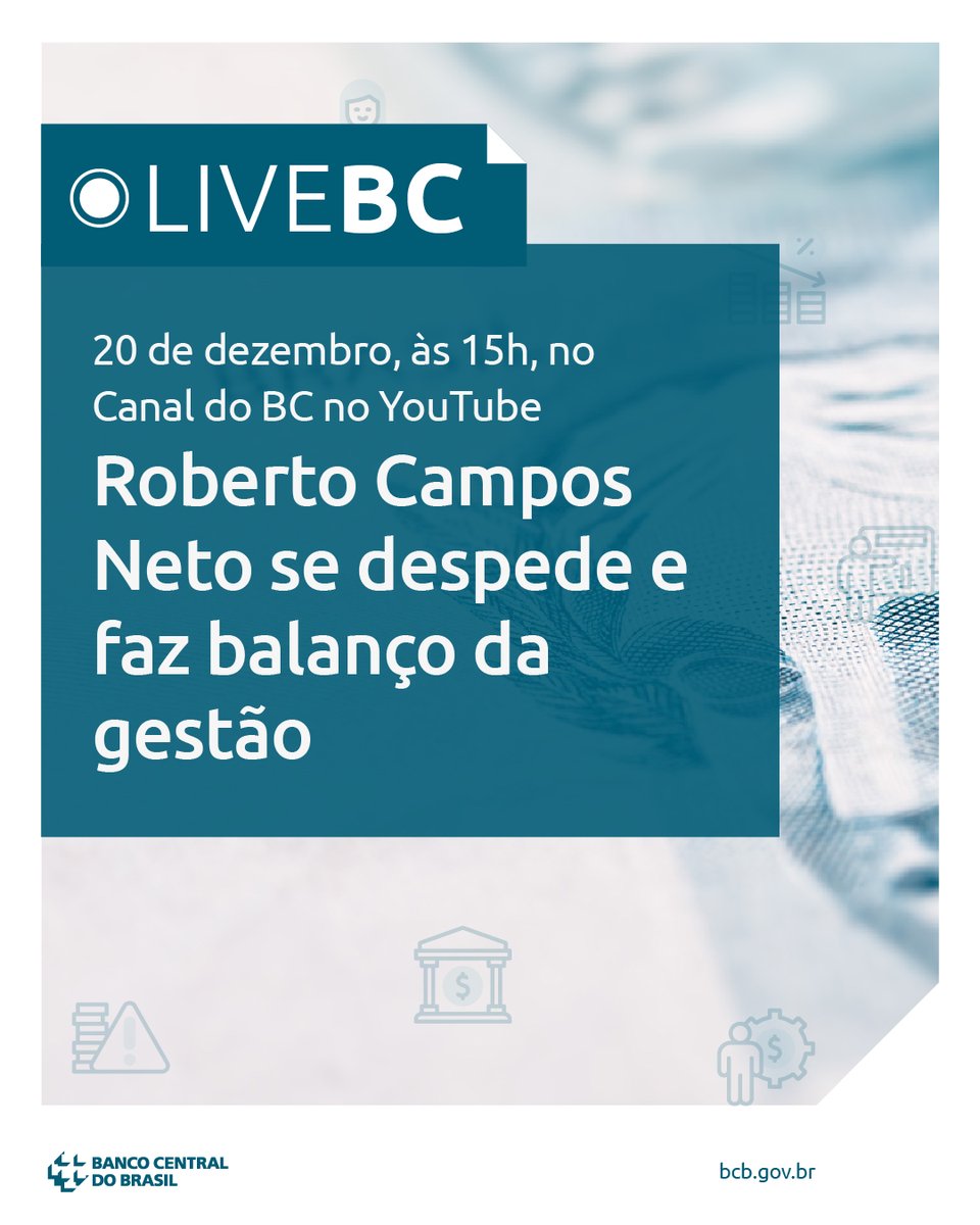 BancoCentralBR's tweet photo. Na última LiveBC do ano, Roberto Campos Neto, Presidente do BC, faz retrospectiva sobre o seu tempo à frente da instituição e fala sobre o futuro.

Você pode fazer parte da conversa acompanhando ao vivo e mandando suas perguntas.

#LiveBC #DoBCpraVC https://t.co/xdCHCsGdGc