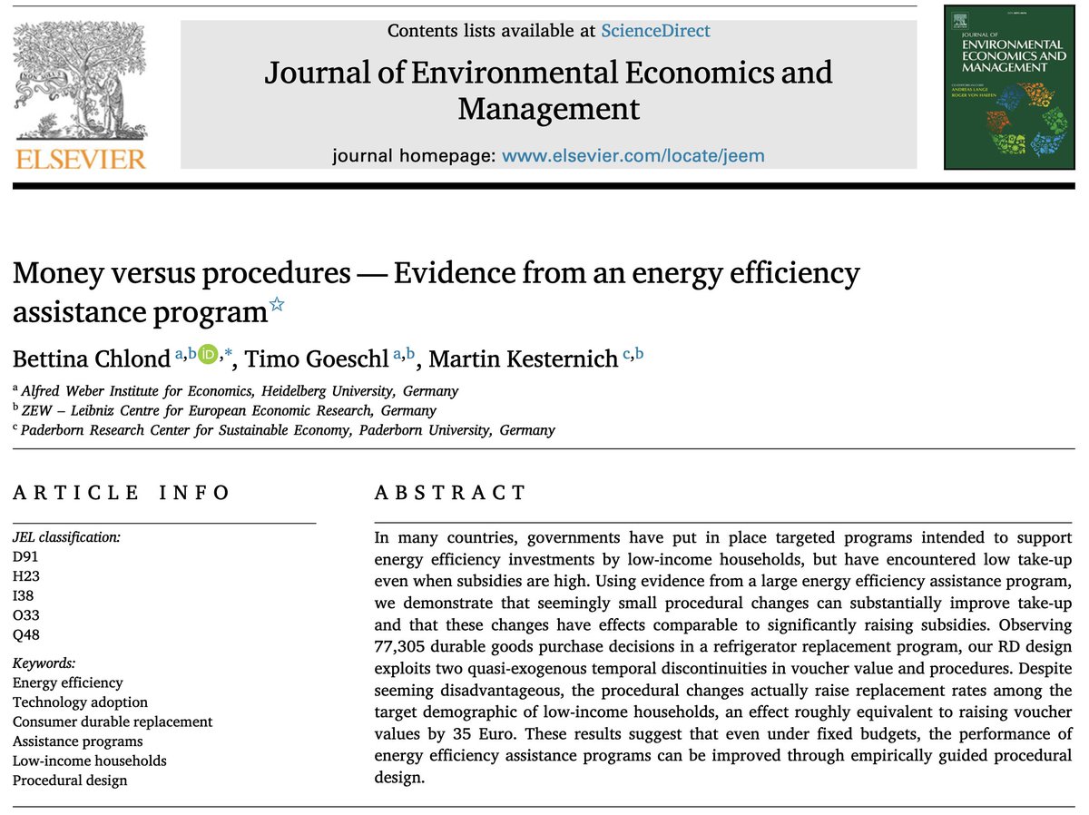 Recently accepted in #JEEM: 

'Money versus procedures – Evidence from an energy efficiency assistance program' by Bettina Chlond, Timo Goeschl, Martin Kesternich. #econtwitter

sciencedirect.com/science/articl…