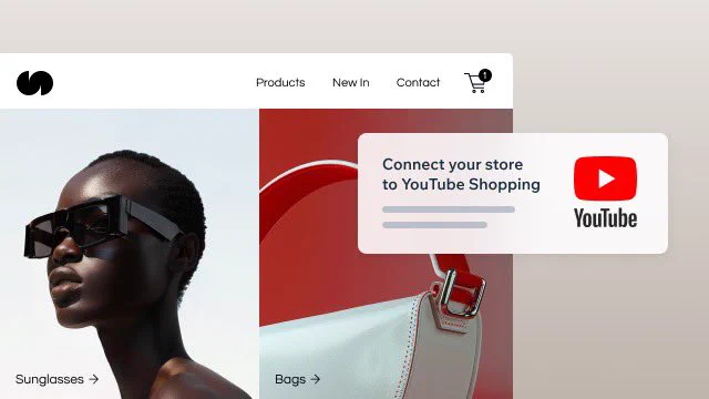 An online store website overlaid with a widget that prompts: Connect your store to YouTube Shopping.