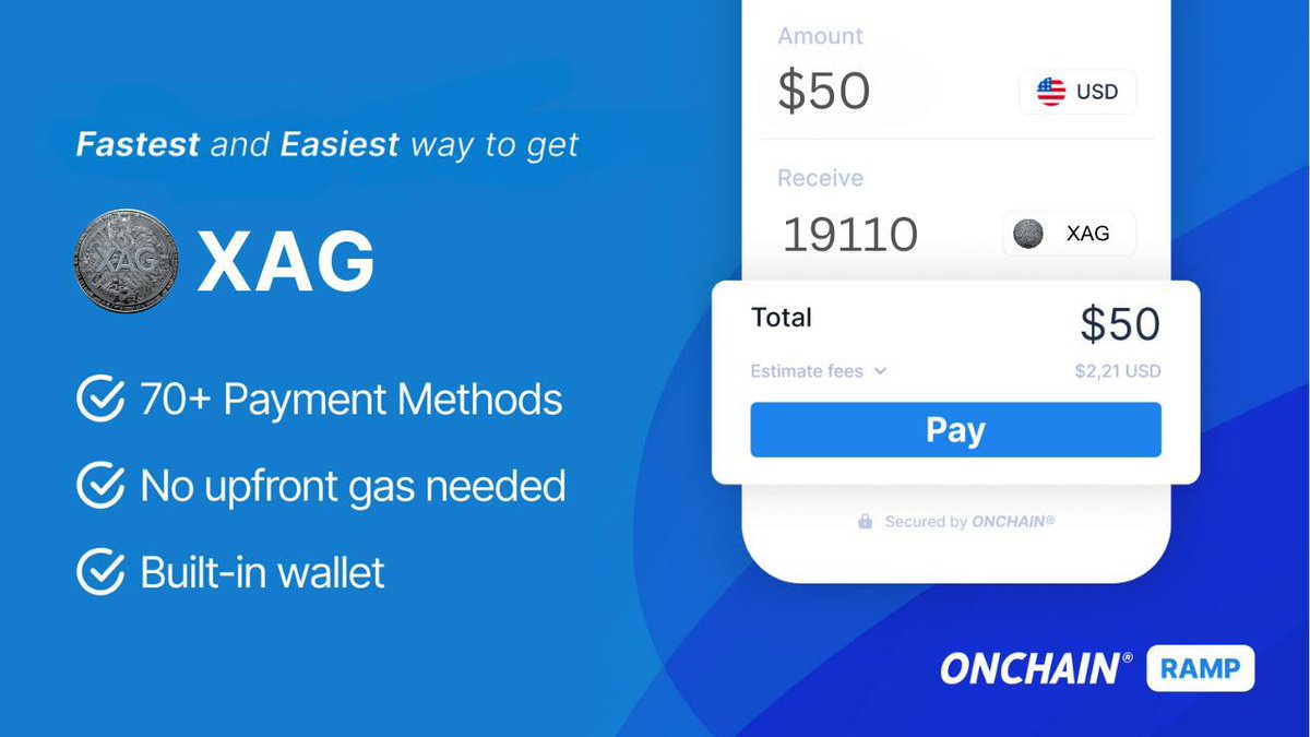 Get Ready #Silver Chads!!!   

$XAG will be officially listed on Onchain Ramp!!! @OnchainEU 

ONCHAIN® Ramp simplifies on-chain digital asset purchases, allowing users in 180+ countries to purchase with over 80 local currencies and 70+ payment methods.  
(Including:  Apple Pay,