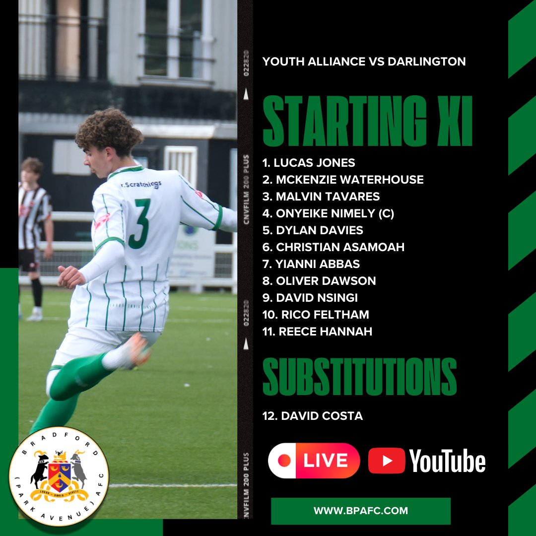 BPAFCOfficial's tweet photo. Today's Youth Alliance team facing Darlington! Live on YouTube! Watch here https://t.co/dGHqOFn0Aq #GreenArmy #Bradford #Football #FootballPathway #BPAScholars Sign up for tomorrow nights trials here - 🔗 (Current Year 11's) https://t.co/rcWL1U248Y https://t.co/jVFp9TSxuJ