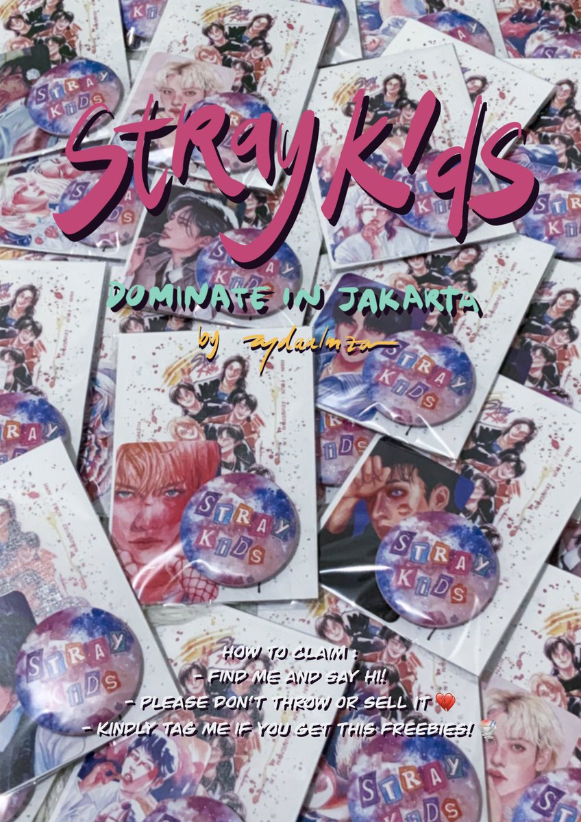 aydanimza's tweet photo. [🔁 &amp; 💗 appreciated] 

STRAY KIDS DOMINATE IN JAKARTA
— freebies by @aydanimza 🍧🍒💫

🎨: artprint, photocard, glitter pin

📍: Indonesia Arena, Jakarta
🗓️: December 21, 2024
🕑: TBA 

‼️ limited qty ‼️
see you later, stays! ❣️

#dominATE_JKT #dominATE_JAKARTA #SKZinJKT https://t.co/D4YdRHAWKS