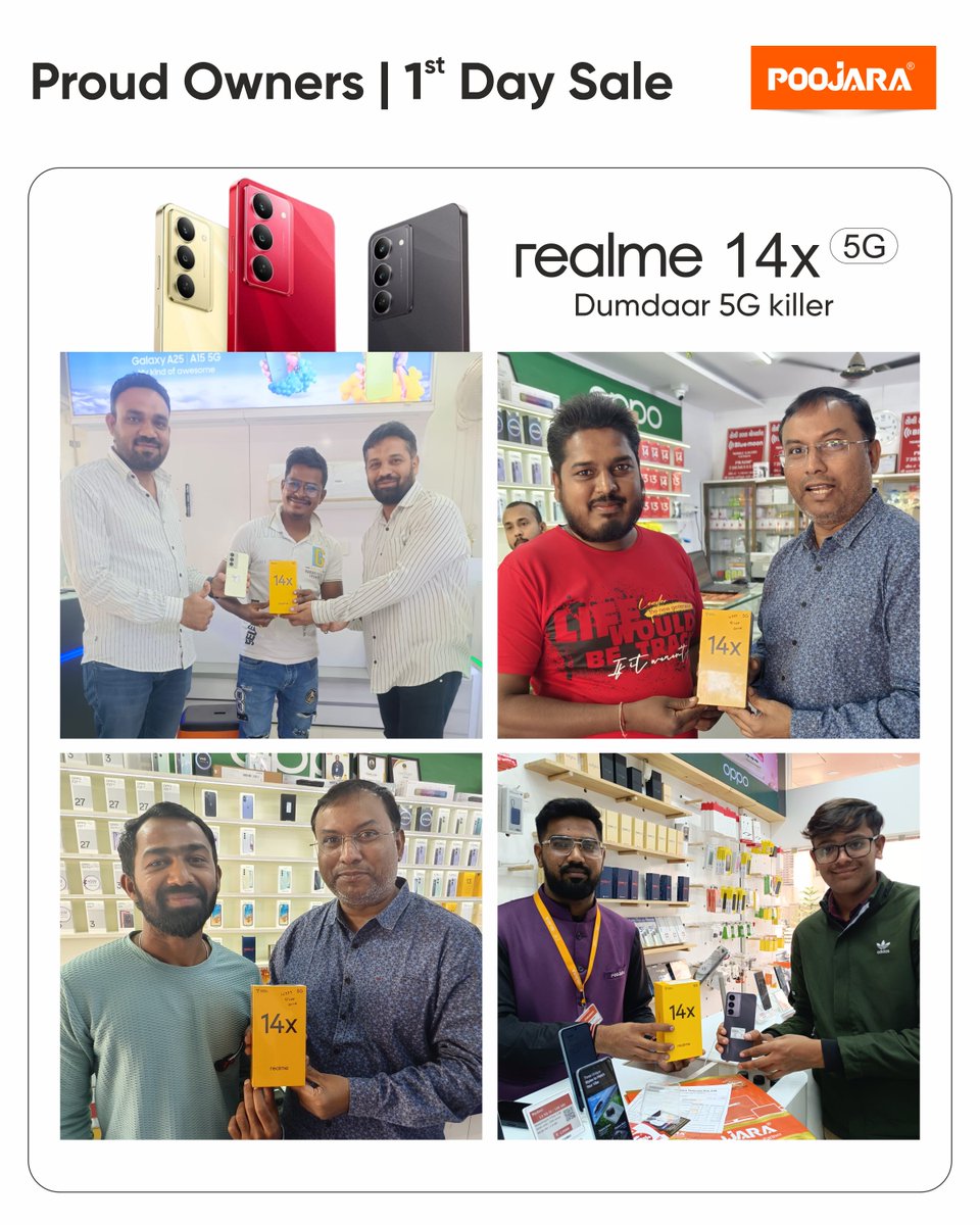 PoojaraTelecom's tweet photo. Here are some proud owners of the all-new #realme14X on its first-day sale at Poojara group stores! 🤩
Thank you for making this launch a grand success! 🙌 Have you got yours yet?
#realme14X #FirstDaySale #HappyCustomers #PoojaraTelecom #5GSmartphone #Dumdaar5GKiller https://t.co/Vhi4mYjU8y