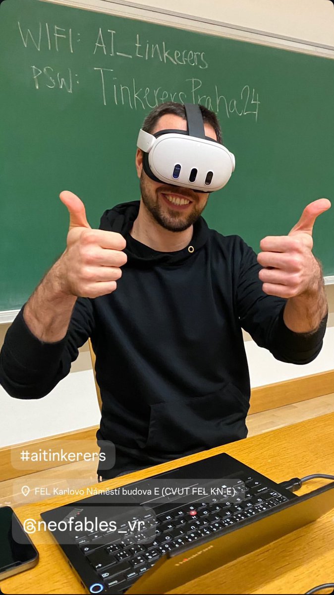 Adam Filandr α―
(@neofablesvr) on Twitter photo Epic photo by <a href="/studenik/">Tomas Studenik π</a> while I was giving a demo of <a href="/NeoFablesVR/">Adam Filandr α―
</a> at yesterdays <a href="/AITinkerers/">AI Tinkerers</a> Christmass gathering ππ
Big thanks to the organizers <a href="/ThePlavit/">marek miltner</a> , <a href="/KacenaLukas/">Lukas Kacena</a> and <a href="/studenik/">Tomas Studenik π</a> and also big thanks to <a href="/liracinai/">knarik</a> for inviting me - it was a fun event π Epic photo by <a href="/studenik/">Tomas Studenik π</a> while I was giving a demo of <a href="/NeoFablesVR/">Adam Filandr α―
</a> at yesterdays <a href="/AITinkerers/">AI Tinkerers</a> Christmass gathering ππ
Big thanks to the organizers <a href="/ThePlavit/">marek miltner</a> , <a href="/KacenaLukas/">Lukas Kacena</a> and <a href="/studenik/">Tomas Studenik π</a> and also big thanks to <a href="/liracinai/">knarik</a> for inviting me - it was a fun event π