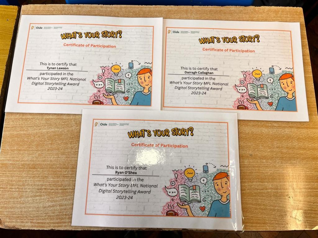 StVincentsd11's tweet photo. Congratulations to our 3rd year French students who received their certificates of participation in the What’s Your Story MFL National Digital Storytelling Award 2024. Very proud of our young men  #ERST #ERBB https://t.co/bCcinSguEJ