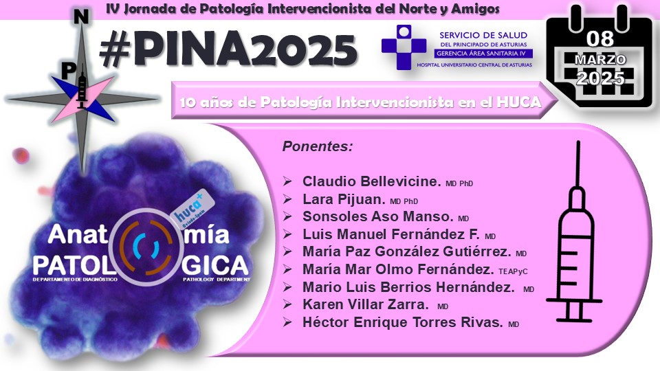 🔄 Actualización del panel de ponentes de la #PINA2025.
🔟 Años de Patología Intervencionista.
📍Hospital Universitario Central de Asturias.  Oviedo.
🗓️ 08 de marzo de 2025.
🔜 En breve más información con el programa preliminar.
#Cytology #CytoPath #LungCancer #Thyroid #PathX