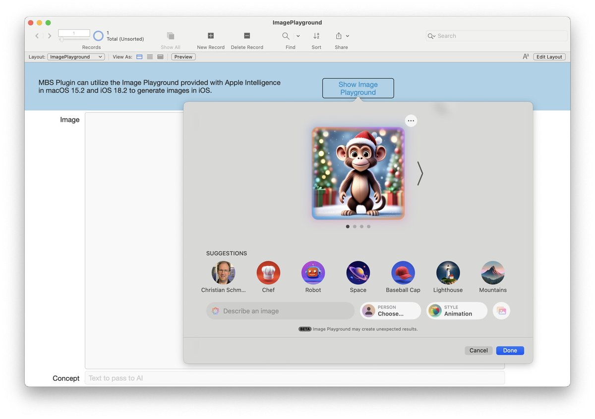 MBSPlugins's tweet image. Use Image Playground in #FileMaker

Since macOS 15.2 we can use Image Playground in our applications.

Let us show you how to do it in #ClarisFileMaker using MBS Plugin.

mbsplugins.de/archive/2024-1…
