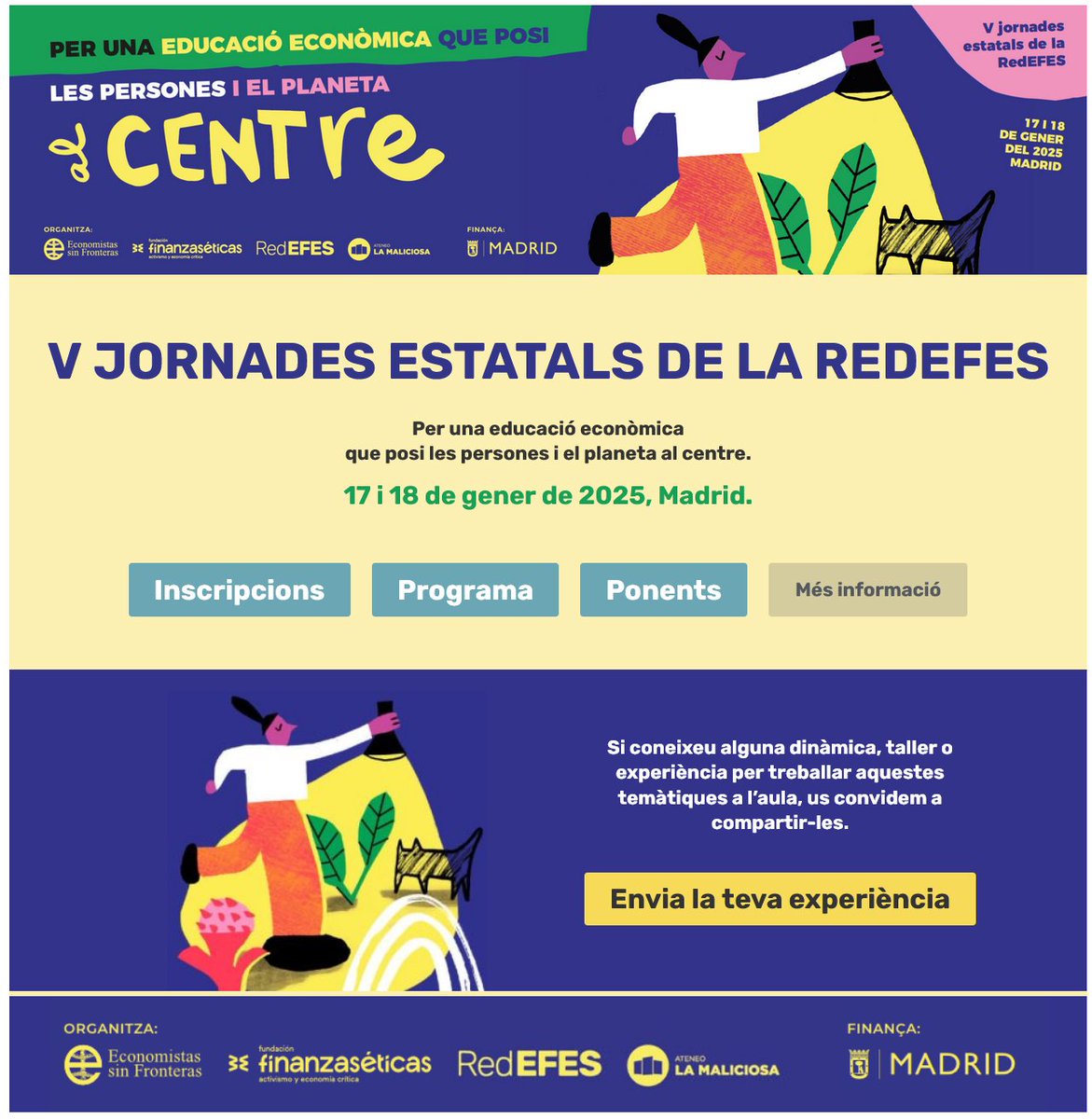 Si formes part del món educatiu, els propers 17 i 18 de gener, no et perdis les V Jornades de la <a href="/RedEfes/">RedEFES</a> sobre educació financera crítica a Madrid. Una ocasió excepcional per compartir experiències, recursos i materials amb altres educadores i entitats de #financesètiques! 
Més