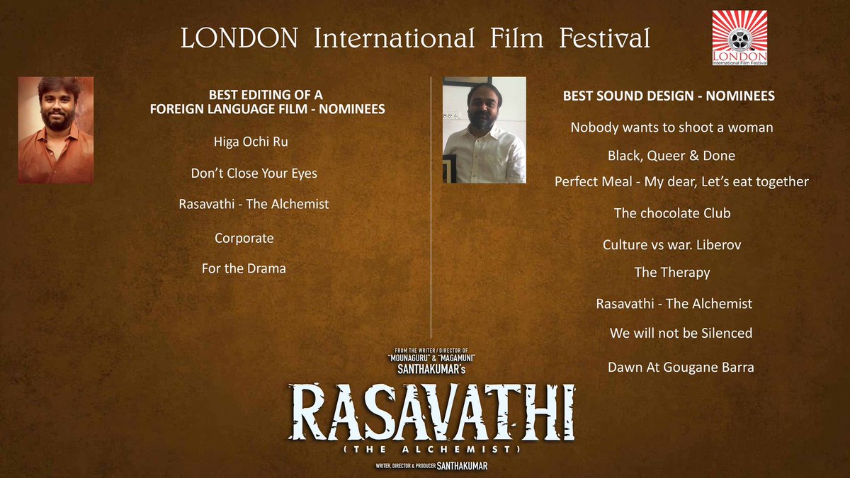 Santhakumar_Dir's tweet image. RASAVTHI team steps into the LONDON International Film festival competing world wide under the categories of…
#Rasavathi @iam_arjundas @actortanya @actorramya @GMSundar_ @MusicThaman @EditorSabu @SPremChandra1 @minu_jayebal @dancersatz @YugabhaarathiYb @iam_rishikanth…