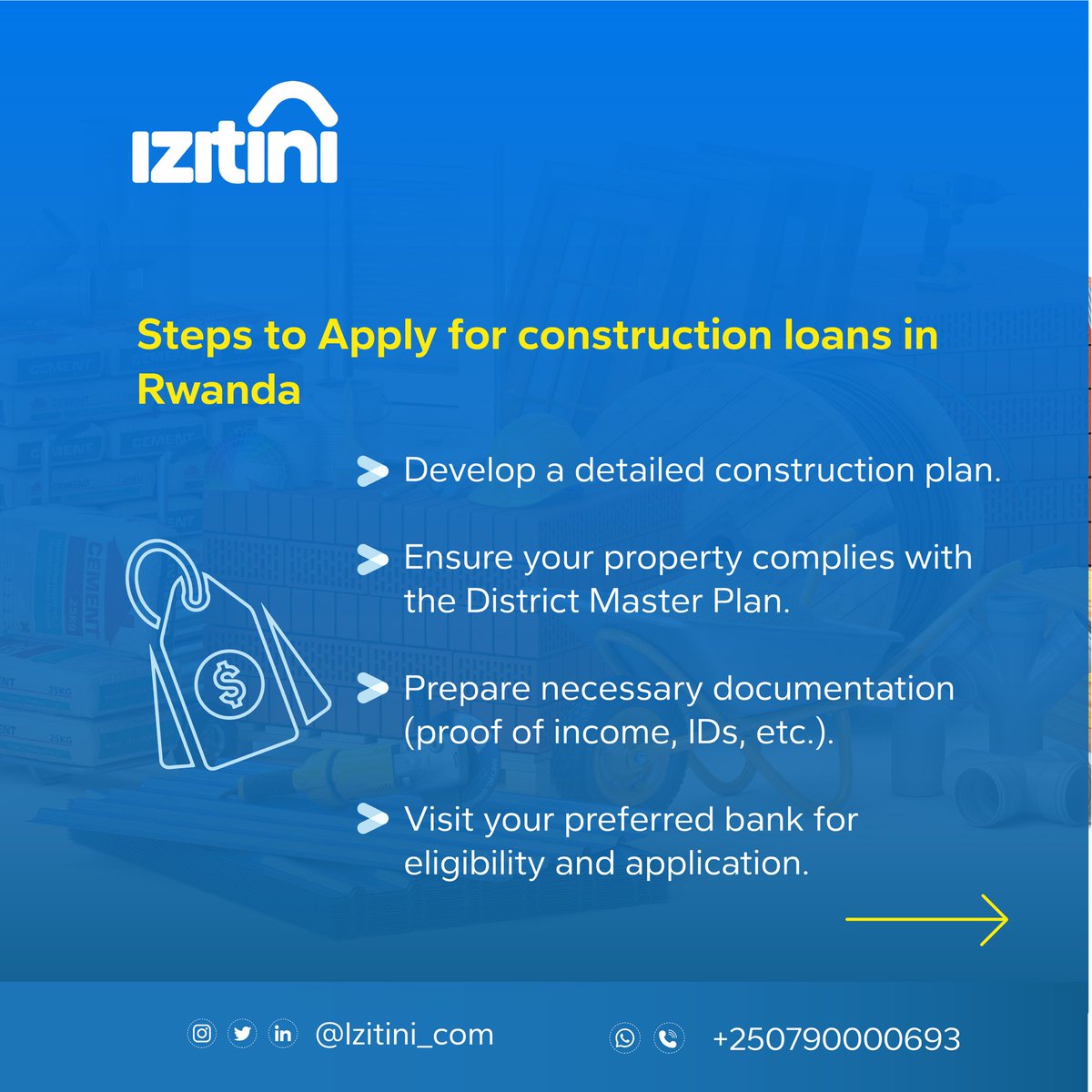 Izitini_com's tweet photo. Are you thinking about building in Rwanda?

We’ve put together the top loan facilities for the construction sector to help you get started. Go through all the slides to learn how construction loans work in Rwanda🤩

#BuildSmart #ConstructionLoansRwanda #Izitini https://t.co/F9C2LqhetR