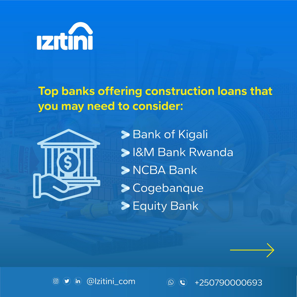 Izitini_com's tweet photo. Are you thinking about building in Rwanda?

We’ve put together the top loan facilities for the construction sector to help you get started. Go through all the slides to learn how construction loans work in Rwanda🤩

#BuildSmart #ConstructionLoansRwanda #Izitini https://t.co/F9C2LqhetR