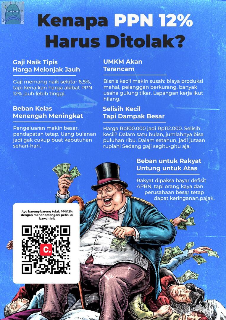 💚 besok aksi di istana negara. ingat! PPN 12% imbasnya bukan barang mewah doang, melainkan semua barang, jasa, transport, dll kena imbasnya. bahkan kebutuhan primer ikut kenaikkan harga juga.

naikkan hashtag!
#.PajakMencekik 
#.TolakPPN12Persen 
#.TolakKenaikanPPN