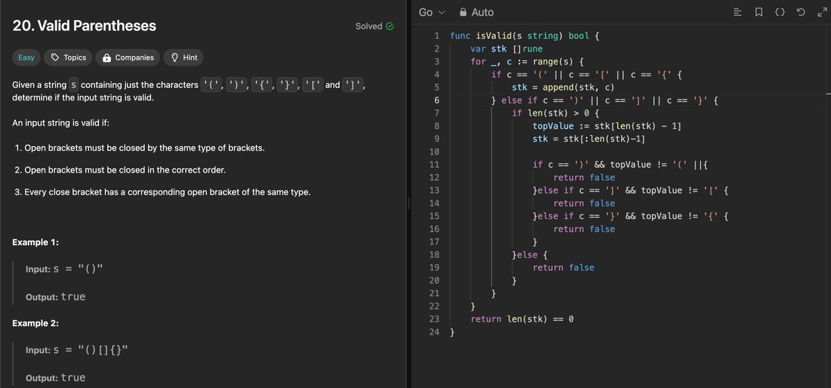 the_code_club's tweet photo. Leetcode - Valid Parentheses - Solution in Go.
#EasyProblems #Leetcode #Stack #Go https://t.co/CL1duu4v7j