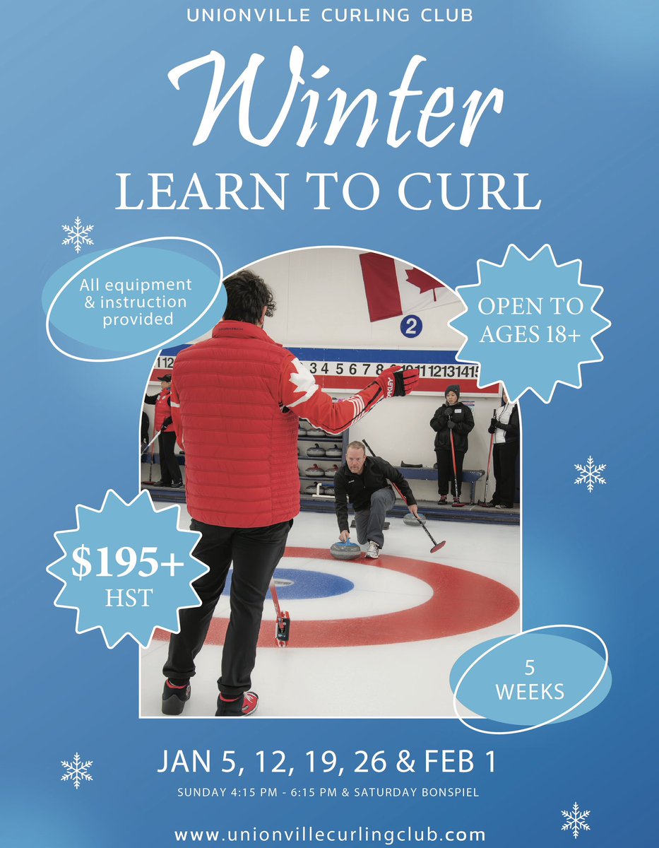 unionvillecurl's tweet image. Looking for a way to rock the winter away?

See what all the hype is about! 

Join our Winter Learn to Curl beginning January 5th to try curling, meet others in our community, and stay active. All equipment provided with instruction from trained Club Coaches. 

#GTArocks