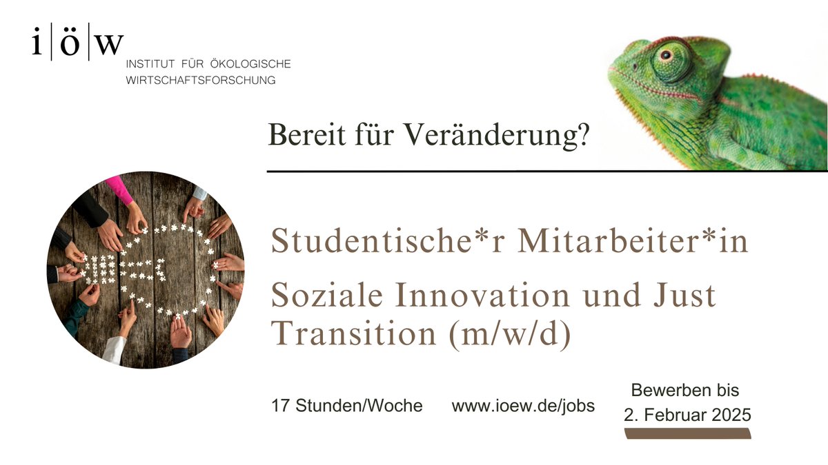 Join our Team👇
Wir bieten einen #StudiJob im Bereich soziale #Innovation &amp; #JustTransition.

▶ Themen: #Windenergie, zukunftsfähige Regionen
▶ Mitarbeit bei #Datenanalyse, #Veranstaltungen oder wissenschaftlichen Berichten

Jetzt Bewerben: ioew.de/studentische-m…
#JobmitSinn