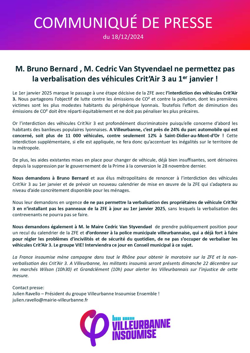 Villeurbanne insoumise interpelle <a href="/brunobernard_fr/">Bruno Bernard</a> et <a href="/cvansty/">Cédric VAN STYVENDAEL</a> sur la verbalisation des véhicules Crit'Air 3 au 1er janvier prochain!  Renoncez à cette mesure injuste et irresponsable!
Nous serons sur les marchés cette semaine pour mobiliser les Villeurbannais.es
#ZFE  ⬇️