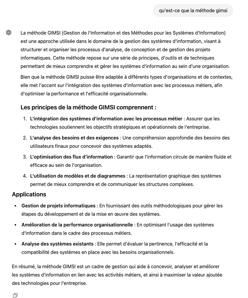 alainfernandez's tweet photo. Gaffe avec ChatGPT search !
Je lui ai demandé "Qu'est-ce que la méthode Gimsi ?"
Je connais le sujet vu que j'ai conçu cette méthode il y aura bientôt 30 ans. 
Non seulement il ne cite pas ses sources (aberrant !) mais ses réponses sont totalement à côté de la plaque. 
Syntaxiquement, les phrases sont correctes. Seulement ce ne sont que des formules tout faites piochées à droite et à gauche qui n'ont strictement rien à voir avec le sujet... 
Bref, à part lui pour demander la date de naissance d'une célébrité style Napoléon Bonaparte ou aucune erreur n'est possible, personnellement je resterai à l'écart de l'outil...